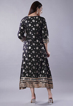 Foil Printed Rayon Aline Kurta in Black