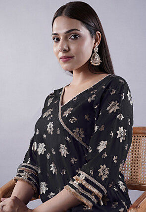 Foil Printed Rayon Aline Kurta in Black