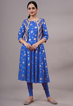 Foil Printed Rayon Aline Kurta Set Set in Blue