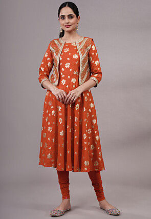 Foil Printed Rayon Aline Kurta Set Set in Brown
