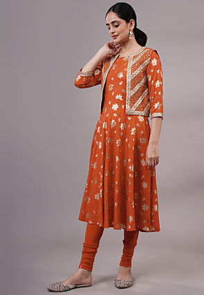 Foil Printed Rayon Aline Kurta Set Set in Brown