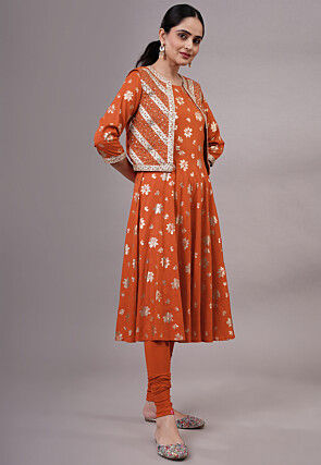 Foil Printed Rayon Aline Kurta Set Set in Brown
