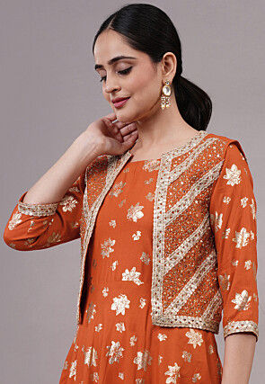 Foil Printed Rayon Aline Kurta Set Set in Brown