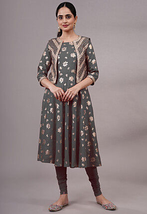 Foil Printed Rayon Aline Kurta Set Set in Grey
