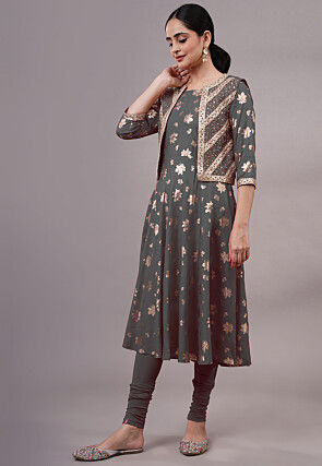Foil Printed Rayon Aline Kurta Set Set in Grey