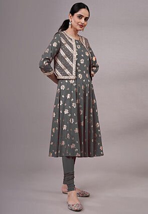 Foil Printed Rayon Aline Kurta Set Set in Grey