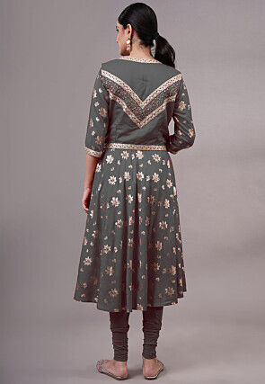 Foil Printed Rayon Aline Kurta Set Set in Grey