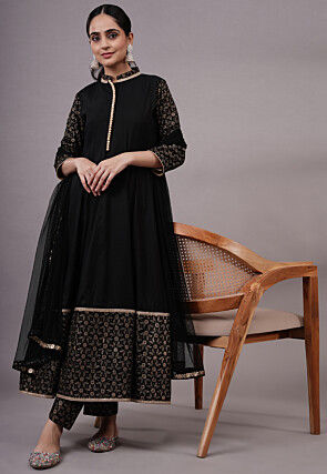 Foil Printed Rayon Aline Suit in Black