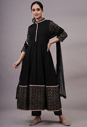 Foil Printed Rayon Aline Suit in Black