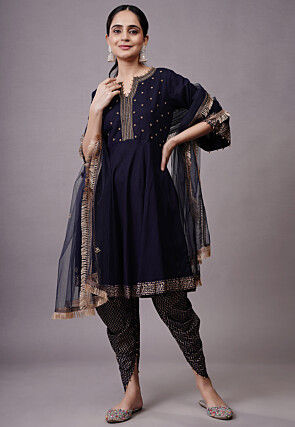 Foil Printed Rayon Aline Suit in Navy Blue