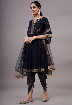 Foil Printed Rayon Aline Suit in Navy Blue