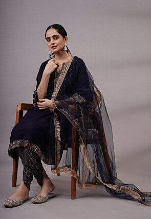Foil Printed Rayon Aline Suit in Navy Blue