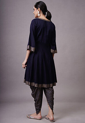 Foil Printed Rayon Aline Suit in Navy Blue