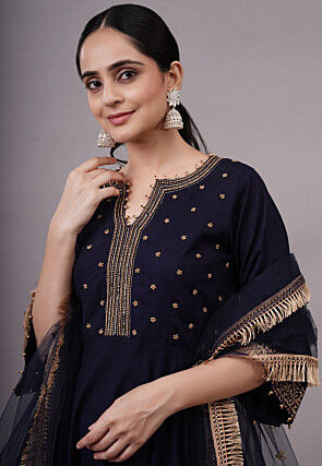 Foil Printed Rayon Aline Suit in Navy Blue