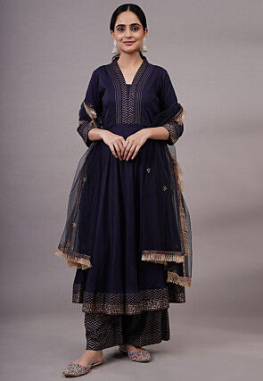 Foil Printed Rayon Aline Suit in Navy Blue