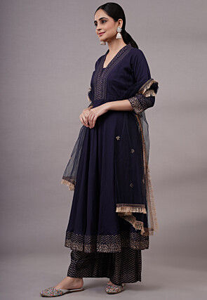 Foil Printed Rayon Aline Suit in Navy Blue