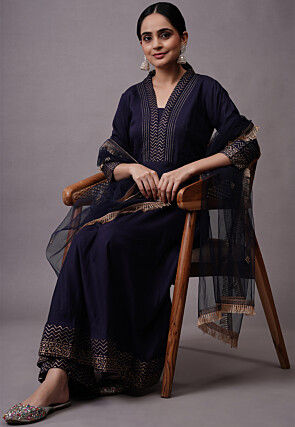 Foil Printed Rayon Aline Suit in Navy Blue