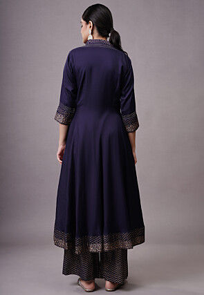 Foil Printed Rayon Aline Suit in Navy Blue