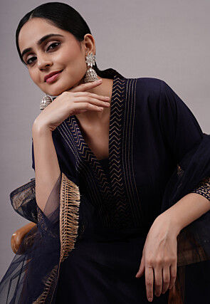 Foil Printed Rayon Aline Suit in Navy Blue