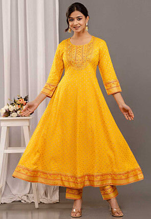 Foil Printed Rayon Aline Suit in Yellow