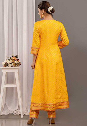 Foil Printed Rayon Aline Suit in Yellow