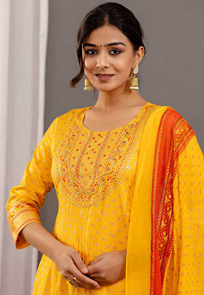 Foil Printed Rayon Aline Suit in Yellow