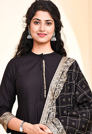 Foil Printed Rayon Anarkali Suit in Black