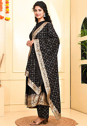 Foil Printed Rayon Anarkali Suit in Black