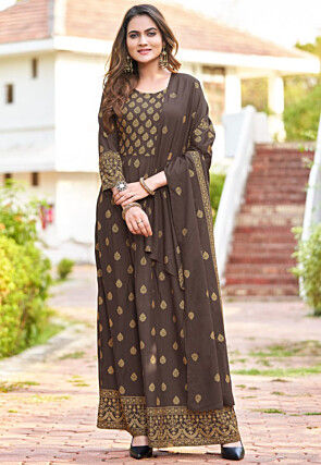 Foil Printed Rayon Abaya Style Suit in Brown