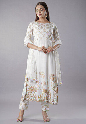 Foil Printed Rayon Anarkali Suit in Off White