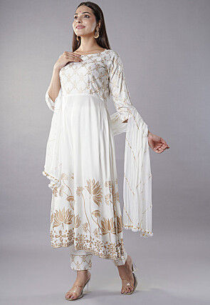 Foil Printed Rayon Anarkali Suit in Off White