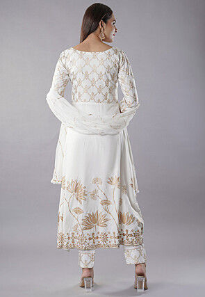Foil Printed Rayon Anarkali Suit in Off White