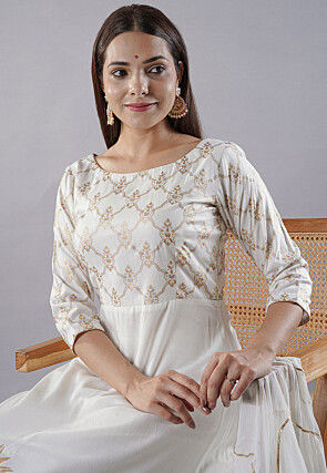 Foil Printed Rayon Anarkali Suit in Off White