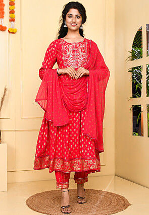 Foil Printed Rayon Anarkali Suit in Red