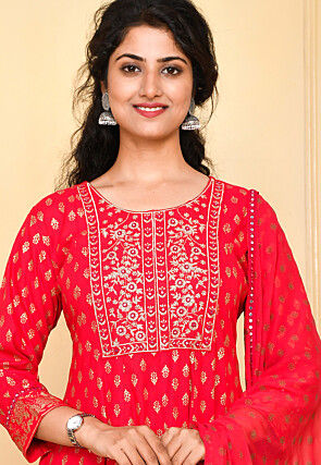 Foil Printed Rayon Anarkali Suit in Dark Fuchsia
