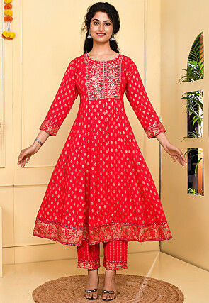 Foil Printed Rayon Anarkali Suit in Dark Fuchsia