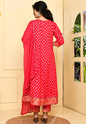 Foil Printed Rayon Anarkali Suit in Dark Fuchsia