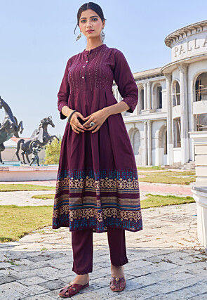 Foil Printed Rayon Kurta with Pant in Wine