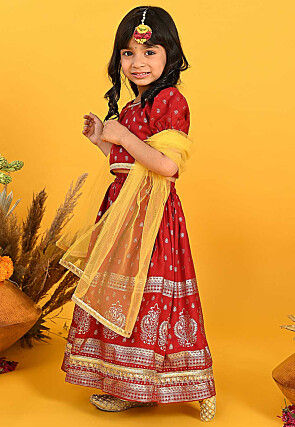 Foil Printed Rayon Lehenga in Maroon