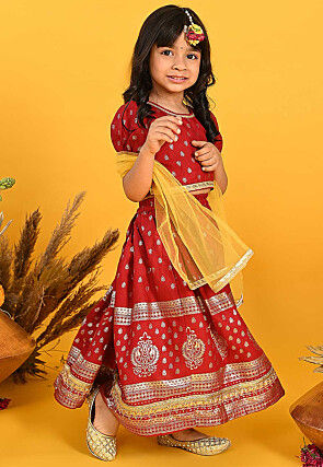 Foil Printed Rayon Lehenga in Maroon