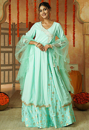 Foil Printed Faux Georgette Lehenga in Sea Green