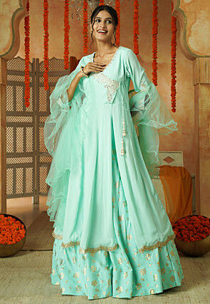 Foil Printed Faux Georgette Lehenga in Sea Green