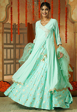 Foil Printed Faux Georgette Lehenga in Sea Green