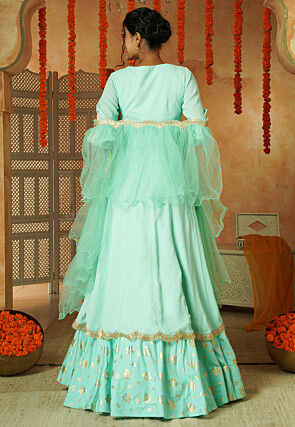 Foil Printed Faux Georgette Lehenga in Sea Green