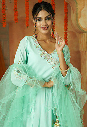 Foil Printed Faux Georgette Lehenga in Sea Green