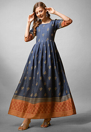 Foil Printed Rayon Long Kurta in Blue