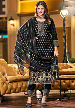 Foil Printed Rayon Pakistani Suit in Black