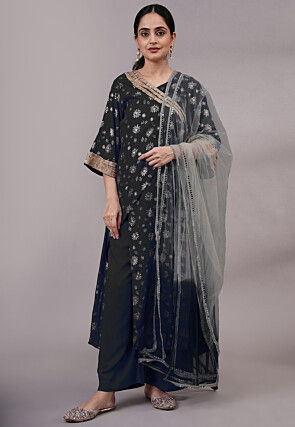 Foil Printed Rayon Pakistani Suit in Black