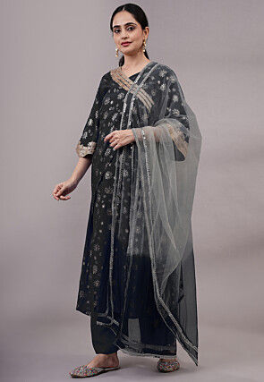 Foil Printed Rayon Pakistani Suit in Black