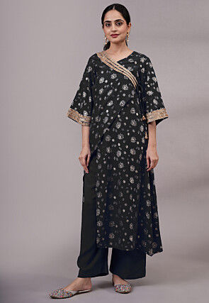 Foil Printed Rayon Pakistani Suit in Black